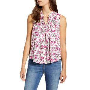 Gibson X The Motherchic Boardwalk Tie Neck Woven Top In Floral Pink Size S $90